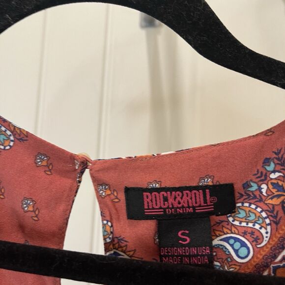 Rock & Roll Denim Mauve Pink Floral Paisley Western Smocked Cowgirl Crop Top S - Picture 4 of 9